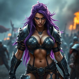 A full-body shot of a fierce armored warrior woman, presented in high quality and photo-realistic detail