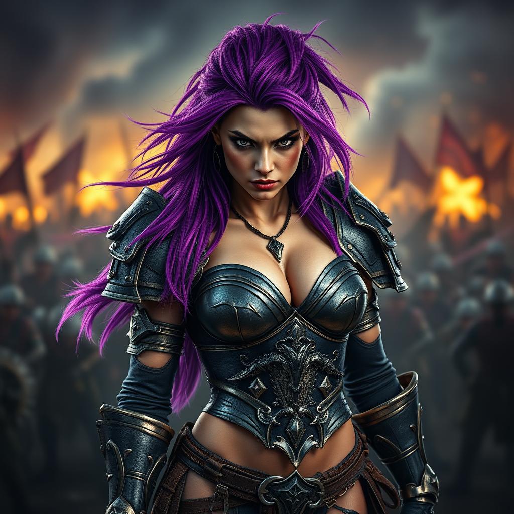 A full-body shot of a fierce armored warrior woman, presented in high quality and photo-realistic detail