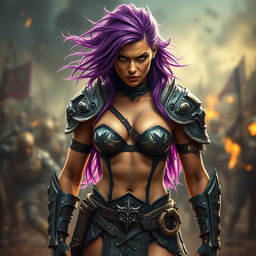 A full-body shot of a fierce armored warrior woman, presented in high quality and photo-realistic detail
