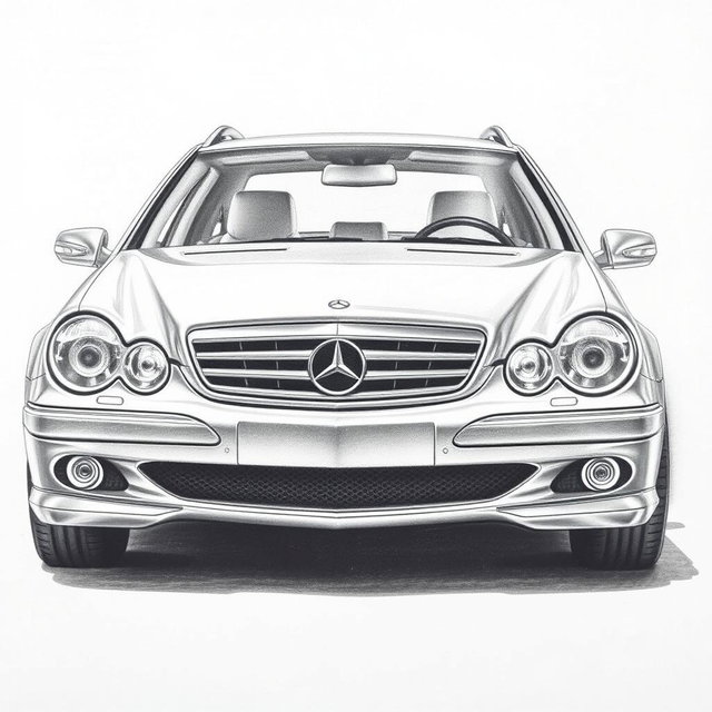 A highly detailed pencil drawing of a Mercedes-Benz W203 C-Class Station wagon, showcasing the sleek lines and distinctive features of the vehicle