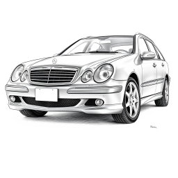 A highly detailed pencil drawing of a Mercedes-Benz W203 C-Class Station wagon, showcasing the sleek lines and distinctive features of the vehicle