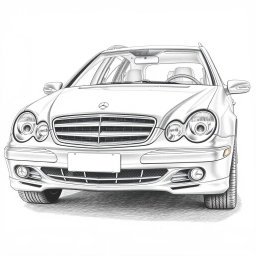A highly detailed pencil drawing of a Mercedes-Benz W203 C-Class Station wagon, showcasing the sleek lines and distinctive features of the vehicle
