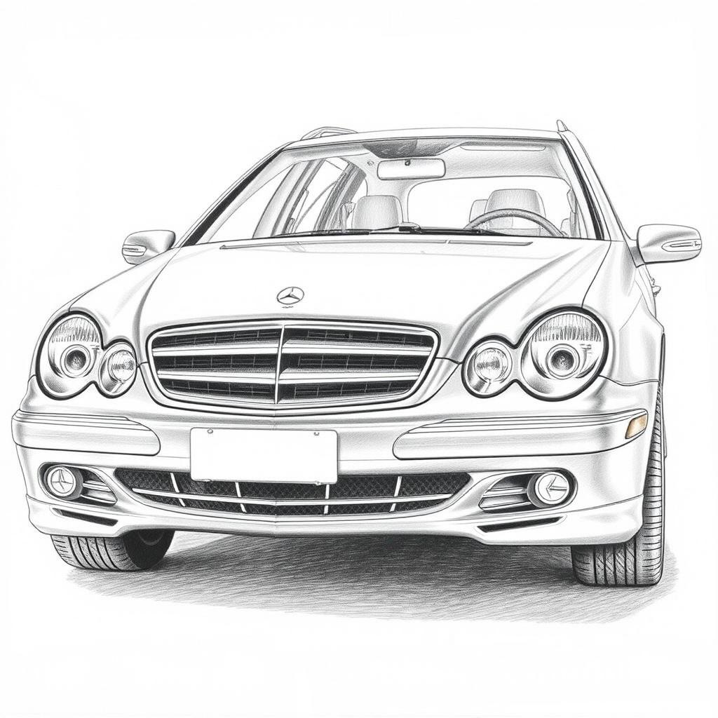 A highly detailed pencil drawing of a Mercedes-Benz W203 C-Class Station wagon, showcasing the sleek lines and distinctive features of the vehicle
