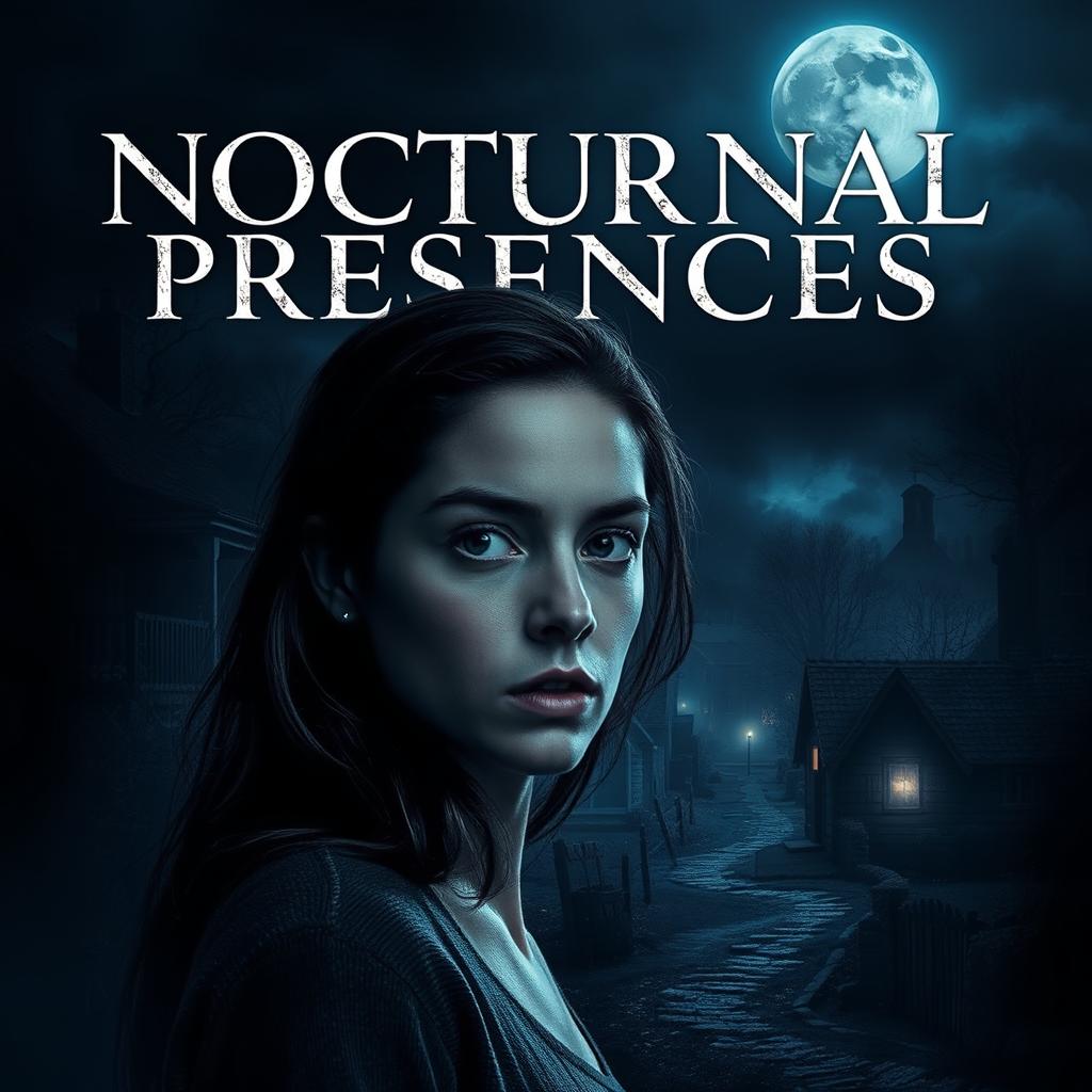 A movie poster for 'NOCTURNAL PRESENCES', featuring a young woman in the foreground looking apprehensive, with a small quaint village in the background bathed in moonlight