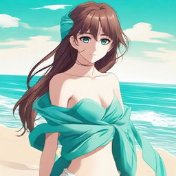 This digital art image captures an alluring anime-style girl with brown hair on a sandy beach