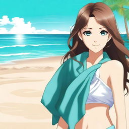 This digital art image captures an alluring anime-style girl with brown hair on a sandy beach