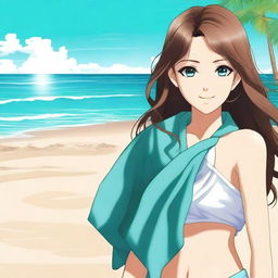 This digital art image captures an alluring anime-style girl with brown hair on a sandy beach