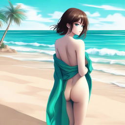 This digital art image captures an alluring anime-style girl with brown hair on a sandy beach