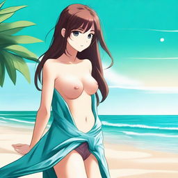 This digital art image captures an alluring anime-style girl with brown hair on a sandy beach