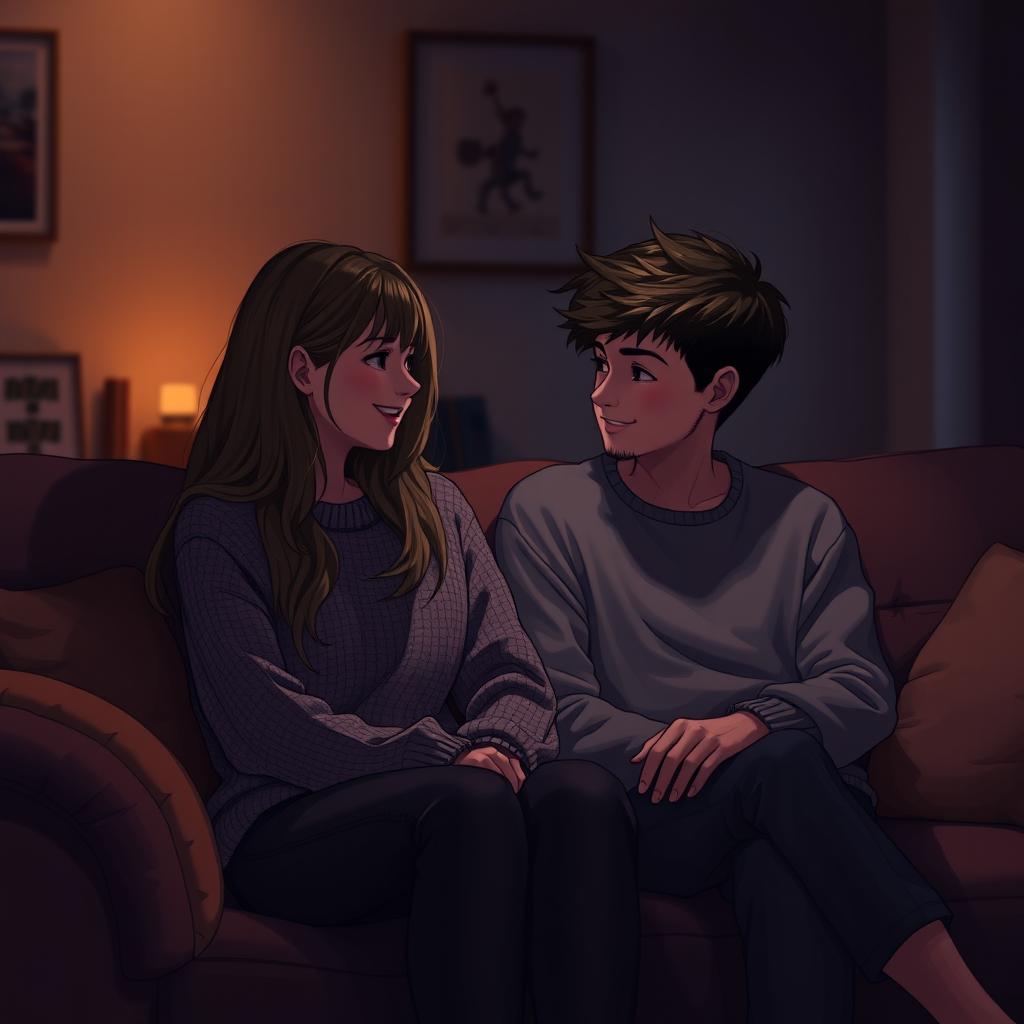 A cozy scene depicting a girl and a boy sitting on a plush couch, engaged in a deep conversation
