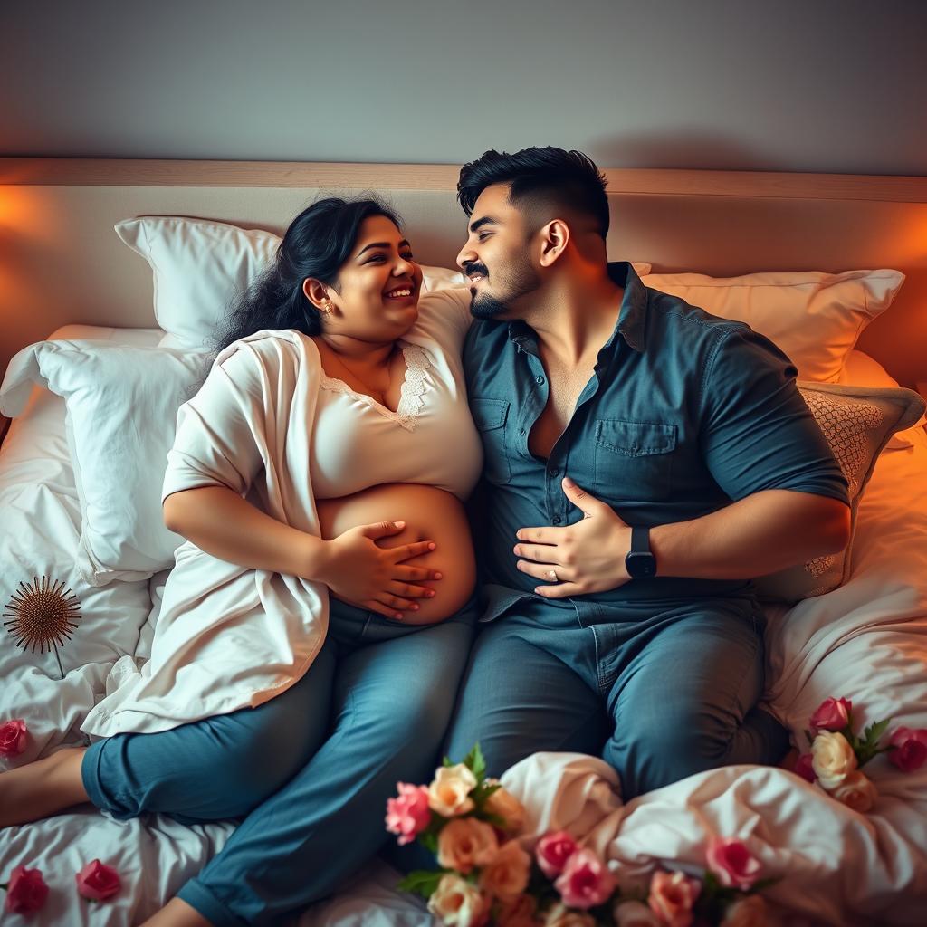 A romantic scene of a chubby Indian lady and a hunk man on a cozy bed, surrounded by soft, inviting sheets