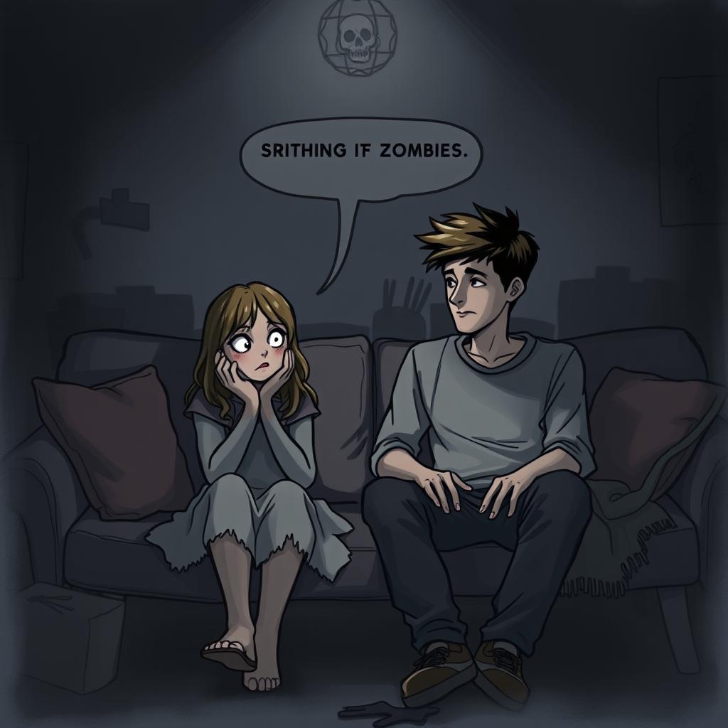 A cozy yet eerie scene of two friends, a girl and a boy, sitting on a couch in a dimly lit room