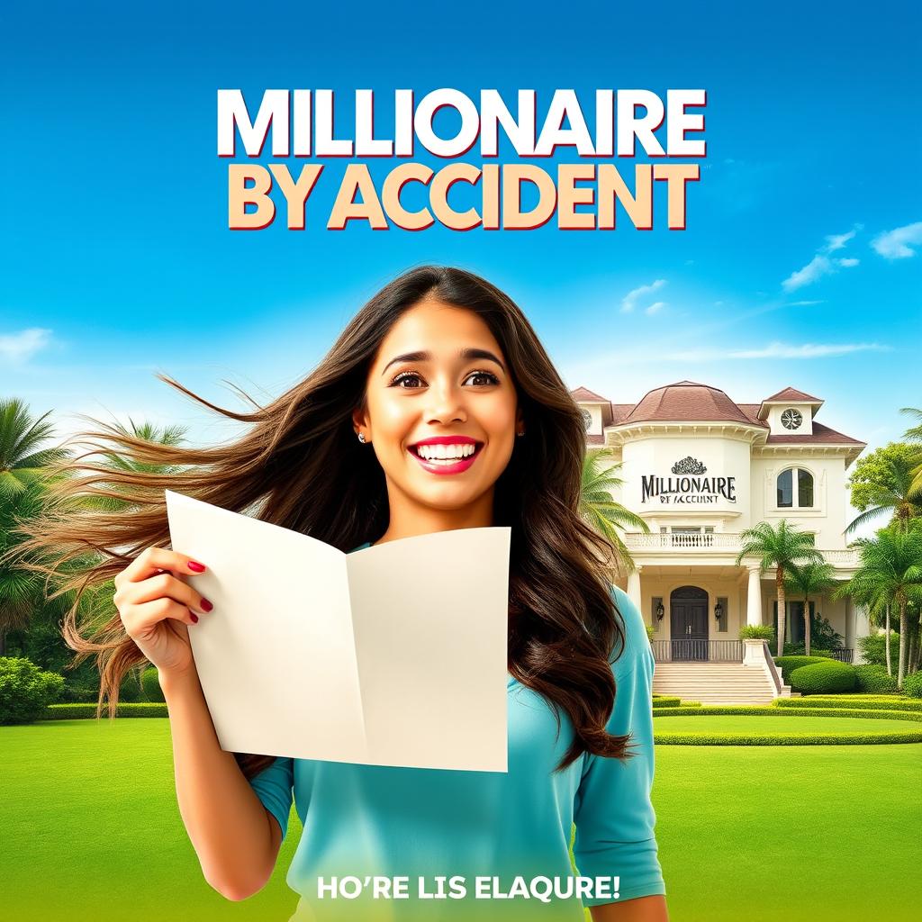 A movie poster for 'Millionaire by Accident' depicting a joyful Salvadoran young woman with long, flowing hair, holding a letter with a surprised expression, revealing her unexpected inheritance