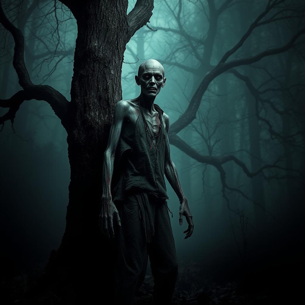 A handless zombie standing next to a tree, looking towards the viewer with an eerie expression