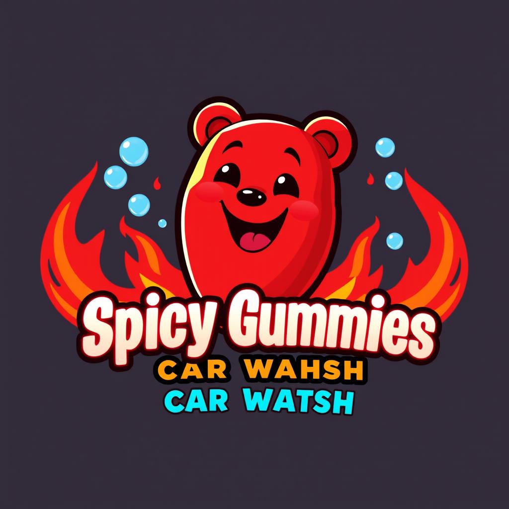 A vibrant logo design featuring a playful, cartoon-style gummy bear depicted as spicy, with a fiery, red and orange color palette