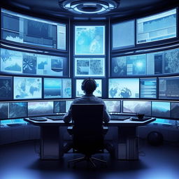 Anime-style digital illustration of a focused individual sitting at a high-tech desk, encompassed by triple monitors displaying news, social media, and data graphs.