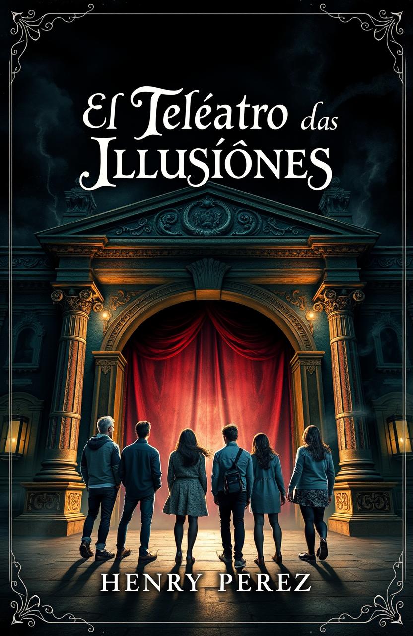 A captivating book cover for 'El Teatro de las Ilusiones' featuring an enchanting yet eerie ancient theater backdrop that symbolizes mystery and intrigue