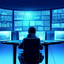 Anime-style digital illustration of a focused individual sitting at a high-tech desk, encompassed by triple monitors displaying news, social media, and data graphs.