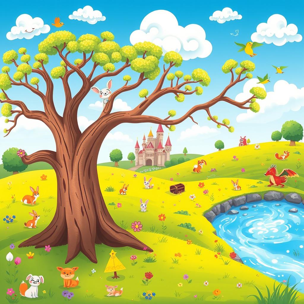 A whimsical and colorful illustration designed for children to create their own stories