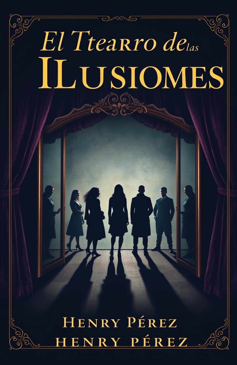 A book cover for 'El Teatro de las Ilusiones' evoking mystery and magic, capturing the essence of an ancient, enigmatic theater
