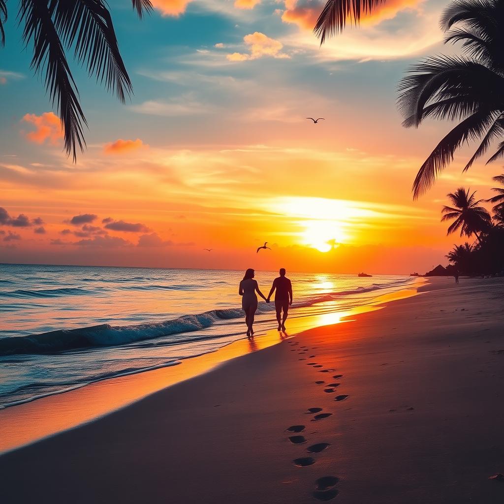 Beautiful sun setting on a tranquil beach, the sky ablaze with hues of orange, pink, and purple, gentle waves lapping at the shore, palm trees framing the scene, a silhouette of a couple walking hand in hand along the beach, footprints in the sand leading towards the horizon, a few seagulls flying in the background, peaceful and romantic atmosphere