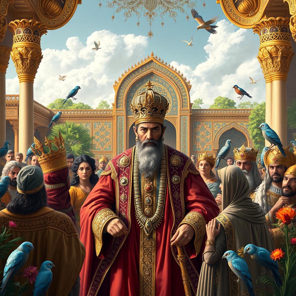 A historical depiction of a royal Persian Empire court scene, showcasing the grandeur of the Shahanshahi (Monarchy) with opulent architecture, luxurious fabrics, and elaborate gold decorations