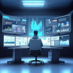 Anime-style digital illustration of a focused individual sitting at a high-tech desk, encompassed by triple monitors displaying news, social media, and data graphs.