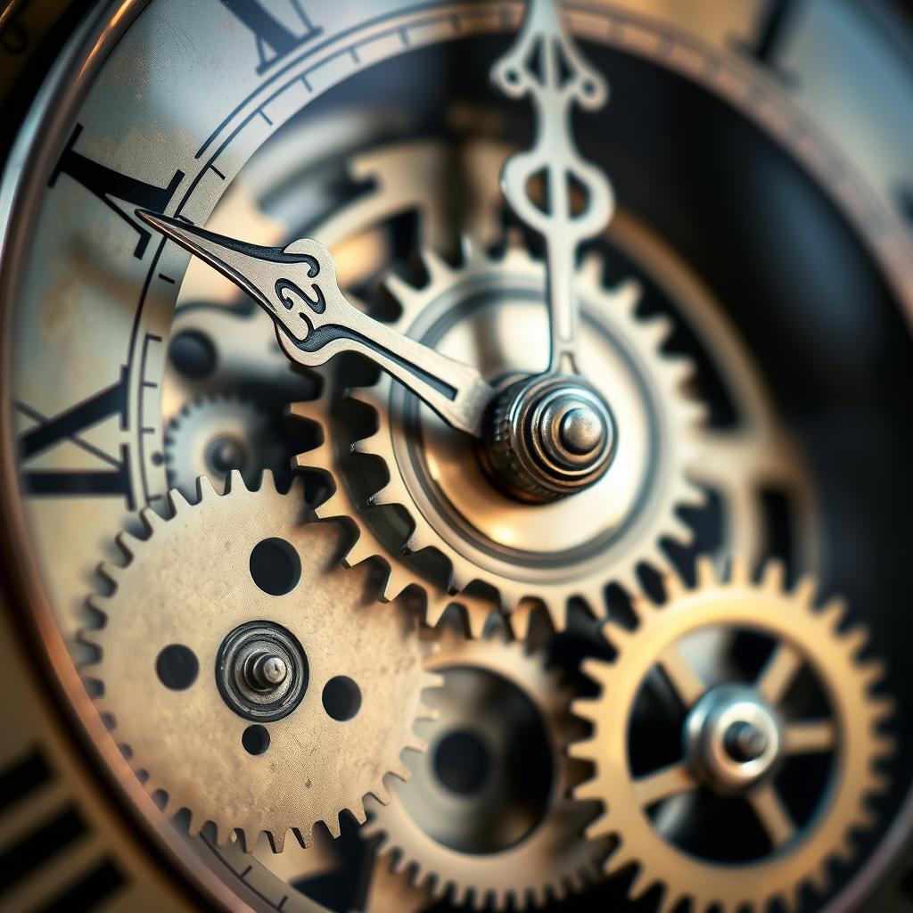 A detailed and intricate close-up view of a vintage clock mechanism, showcasing the gears and cogs with precision