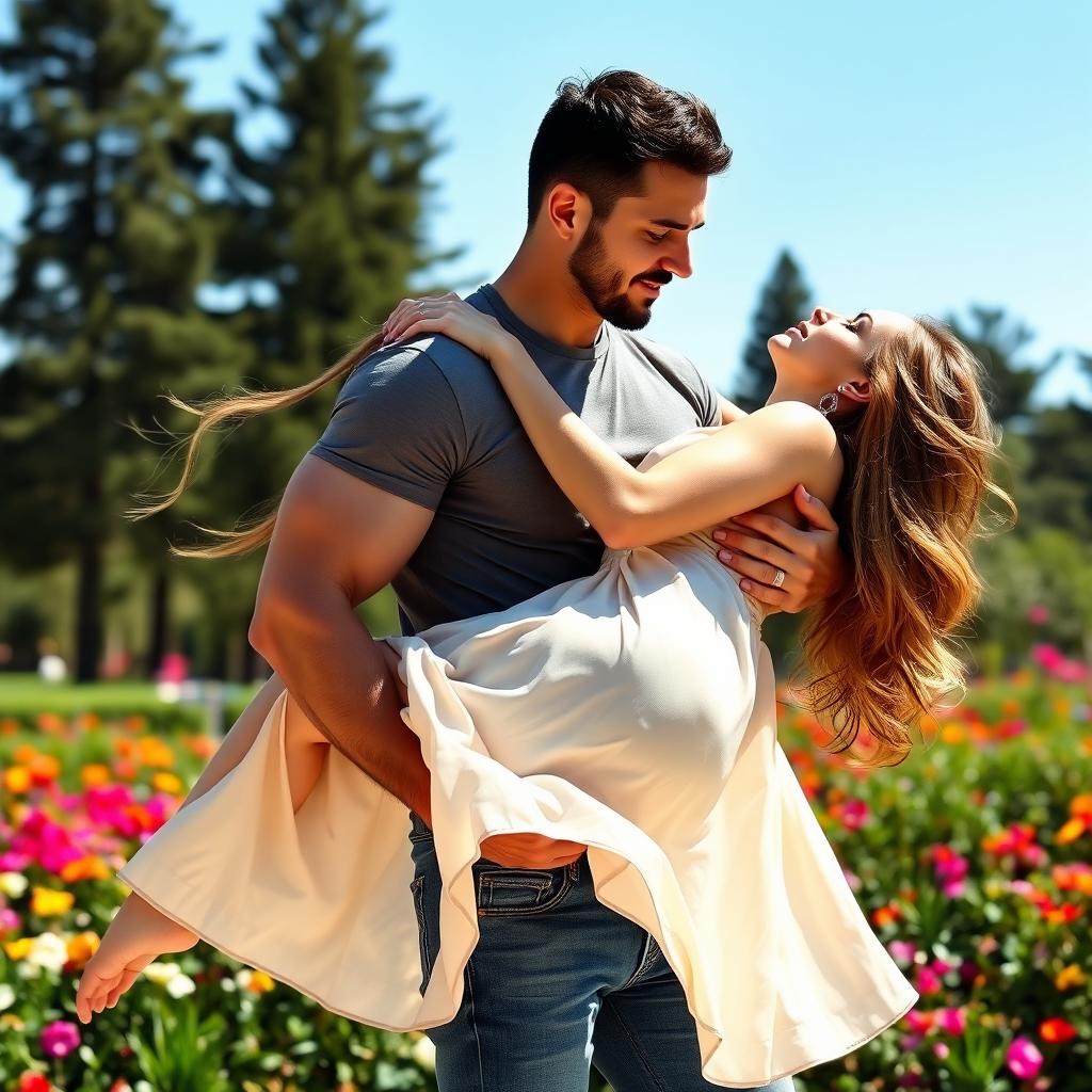 A strong, muscular man carrying a beautiful woman in his arms, showcasing a romantic and tender moment