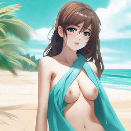 An exquisite digital art piece portrays an attractive anime-style girl with brown hair, wrapped in a wet towel on a sandy beach