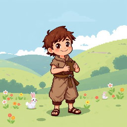 A pixelated artwork of a peasant boy, dressed in simple, rustic clothing featuring a textured tunic and faded trousers