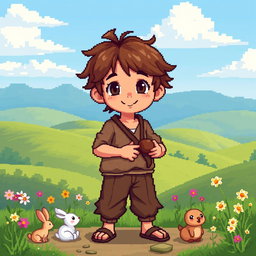 A pixelated artwork of a peasant boy, dressed in simple, rustic clothing featuring a textured tunic and faded trousers