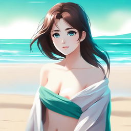 An exquisite digital art piece portrays an attractive anime-style girl with brown hair, wrapped in a wet towel on a sandy beach