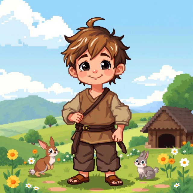 A pixelated artwork of a peasant boy, dressed in simple, rustic clothing featuring a textured tunic and faded trousers