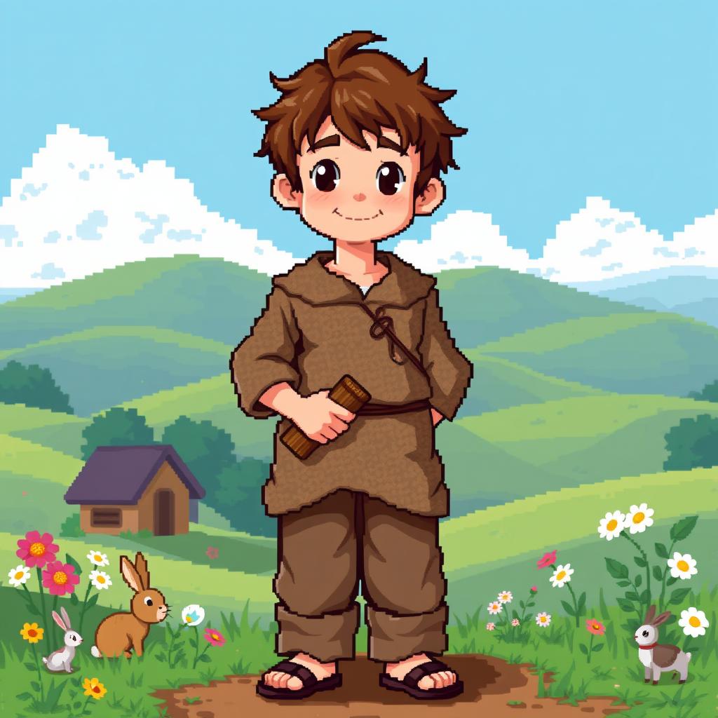 A pixelated artwork of a peasant boy, dressed in simple, rustic clothing featuring a textured tunic and faded trousers