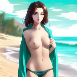 An exquisite digital art piece portrays an attractive anime-style girl with brown hair, wrapped in a wet towel on a sandy beach