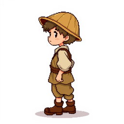 A pixel art illustration of a peasant boy in medieval attire, depicted from the side, standing against an empty background