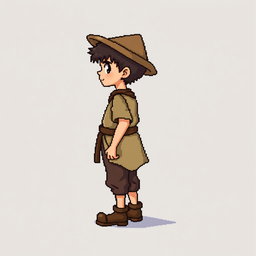 A pixel art illustration of a peasant boy in medieval attire, depicted from the side, standing against an empty background