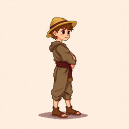 A pixel art illustration of a peasant boy in medieval attire, depicted from the side, standing against an empty background