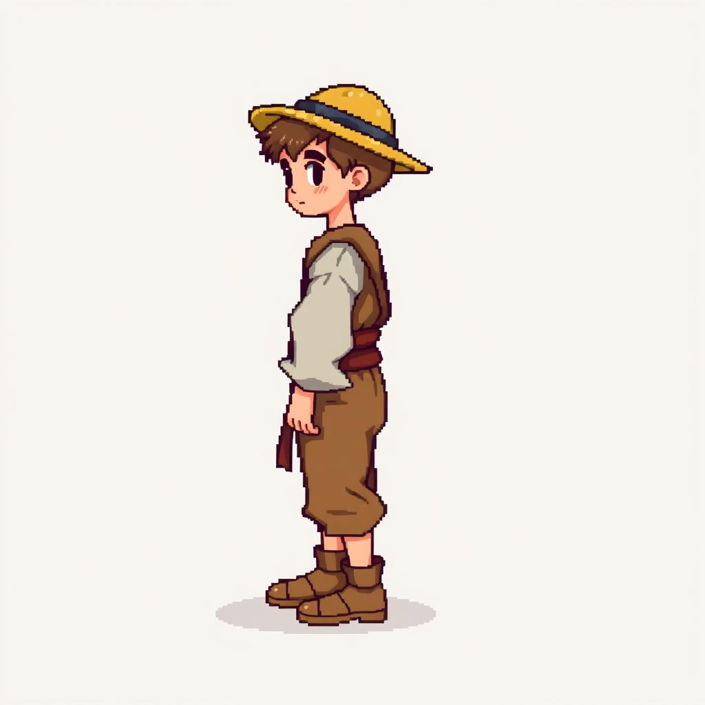 A pixel art illustration of a peasant boy in medieval attire, depicted from the side, standing against an empty background