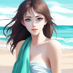 An exquisite digital art piece portrays an attractive anime-style girl with brown hair, wrapped in a wet towel on a sandy beach