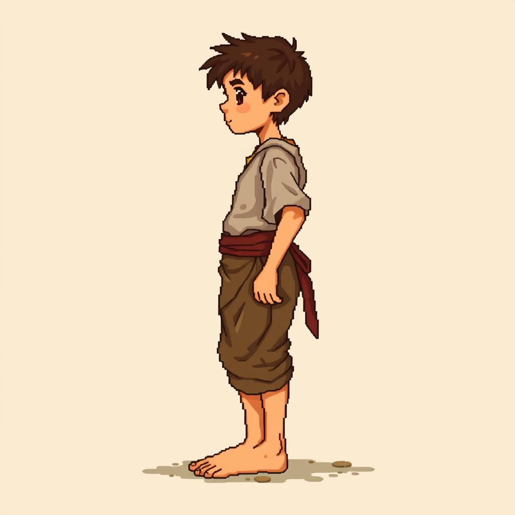 A pixel art illustration of a barefoot peasant boy in tattered medieval clothes, depicted from the side, standing against an empty background