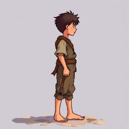 A pixel art illustration of a barefoot peasant boy in tattered medieval clothes, depicted from the side, standing against an empty background