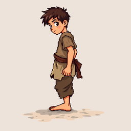 A pixel art illustration of a barefoot peasant boy in tattered medieval clothes, depicted from the side, standing against an empty background