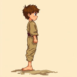 A pixel art illustration of a barefoot peasant boy in tattered medieval clothes, depicted from the side, standing against an empty background