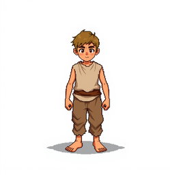A pixel art illustration of a barefoot peasant boy in tattered clothes, depicted from the front, standing against an empty background
