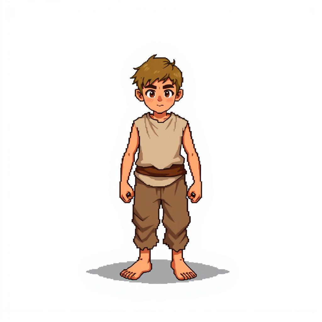A pixel art illustration of a barefoot peasant boy in tattered clothes, depicted from the front, standing against an empty background