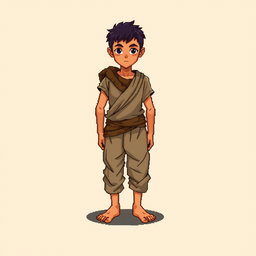 A pixel art illustration of a barefoot peasant boy in tattered clothes, depicted from the front, standing against an empty background