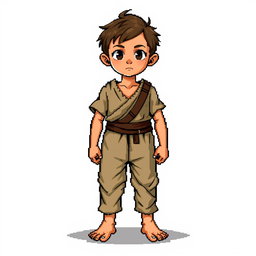 A pixel art illustration of a barefoot peasant boy in tattered clothes, depicted from the front, standing against an empty background