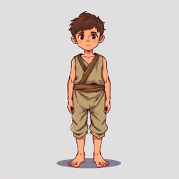 A pixel art illustration of a barefoot peasant boy in tattered clothes, depicted from the front, standing against an empty background
